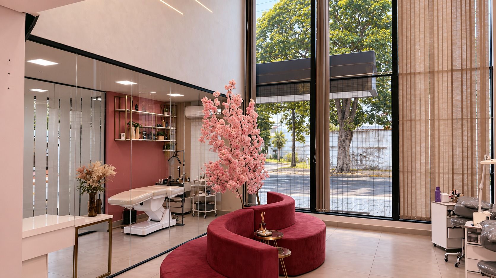 Área de espera com sofá vermelho e, ao fundo, a sala de atendimento da Dani