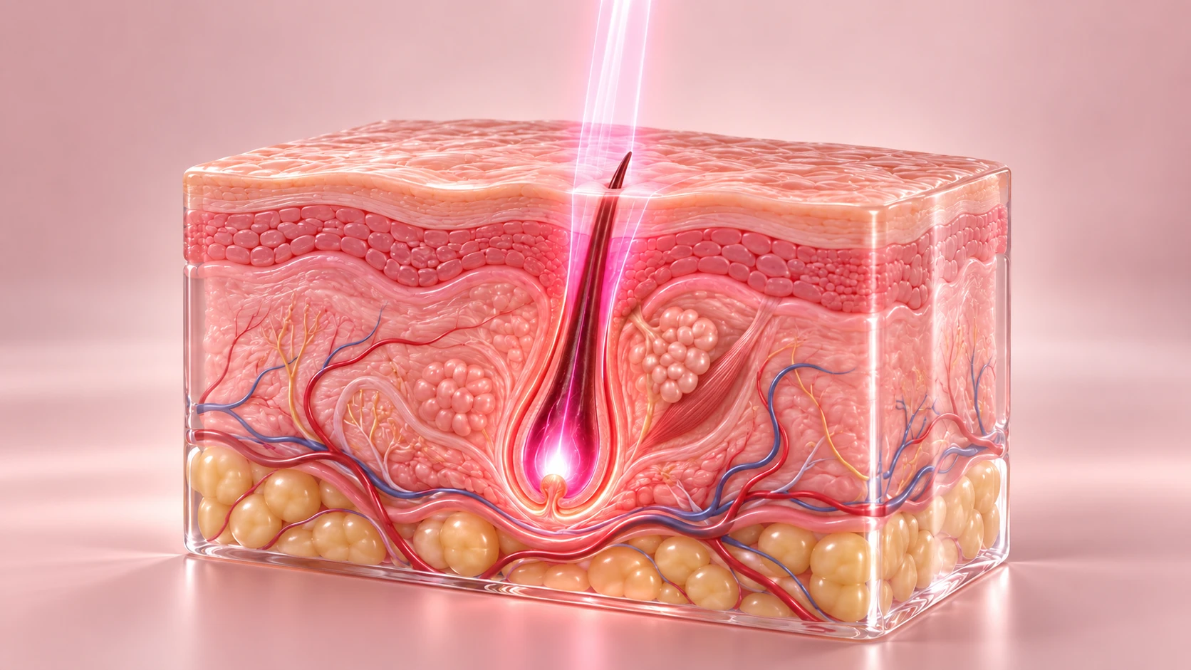 Ilustração em 3D de um corte da pele: a luz rosa do laser desce pelo pelo e chega ao folículo, onde o pelo nasce